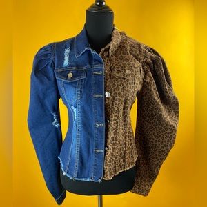 NWT Classic Blue Jeans Half Leopard & Distressed Blue Jean Jacket